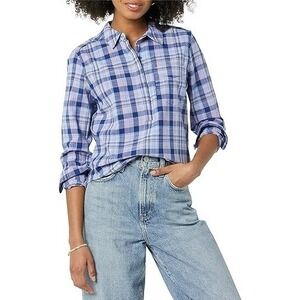 Goodthreads Women's Washed Cotton Long Sleeve Popover Purple/Navy Plaid Shirt L